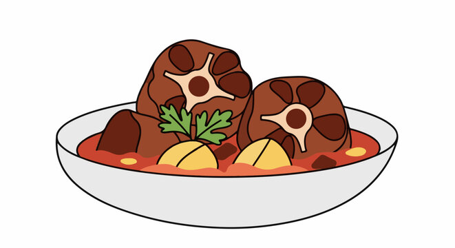A bowl of rich stew with meat pieces and potatoes