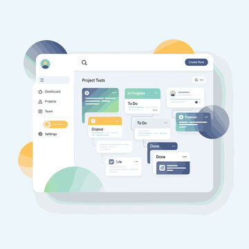 A modern, clean project task management dashboard UI design with various task cards and navigation elements.
