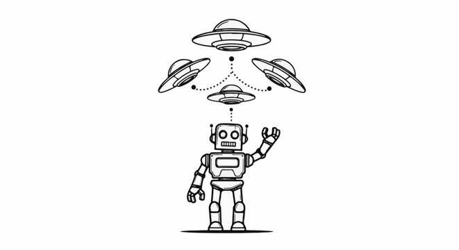 A cartoon robot stands waving as flying saucers hover above