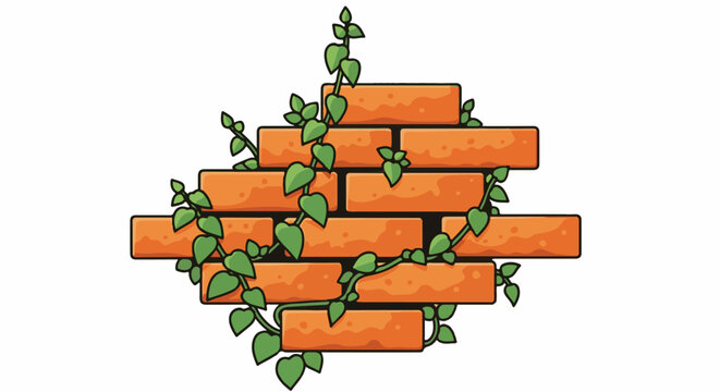 A cartoon-style brick wall is overgrown with green vines