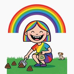Fototapeta premium A cheerful person cleaning up poop with a dog and a rainbow in the image