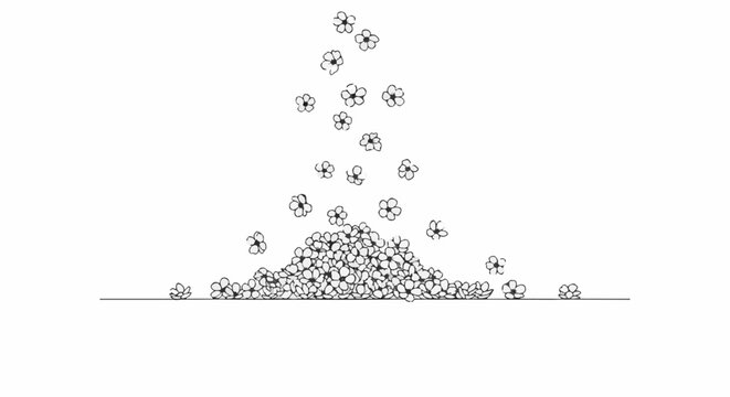 A cascade of delicate blossoms descends onto a clustered pile on a horizontal line