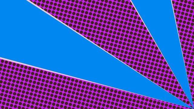 Comic Book Pop Art Sunburst Transition with Magenta Halftone Dots Pattern on Blue Background for Retro Video Effects