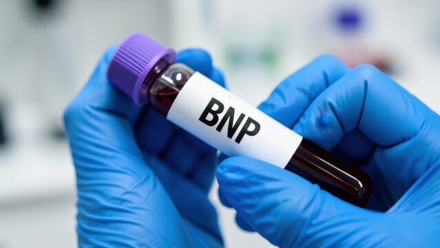 Close-up of gloved medical hands holding BNP blood collection tube with purple cap and dark red venous sample, sterile clinical diagnostic concept.