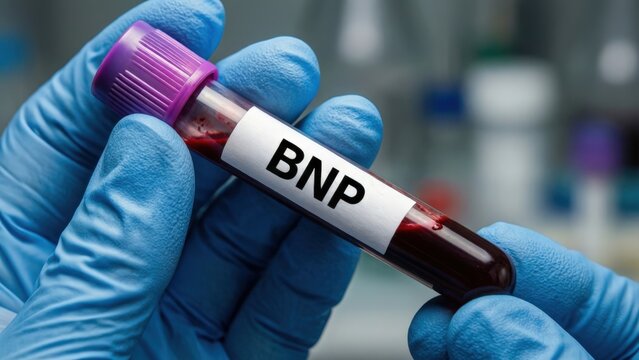 Close-up of gloved medical hands holding BNP blood collection tube with purple cap and dark red venous sample, sterile clinical diagnostic concept.