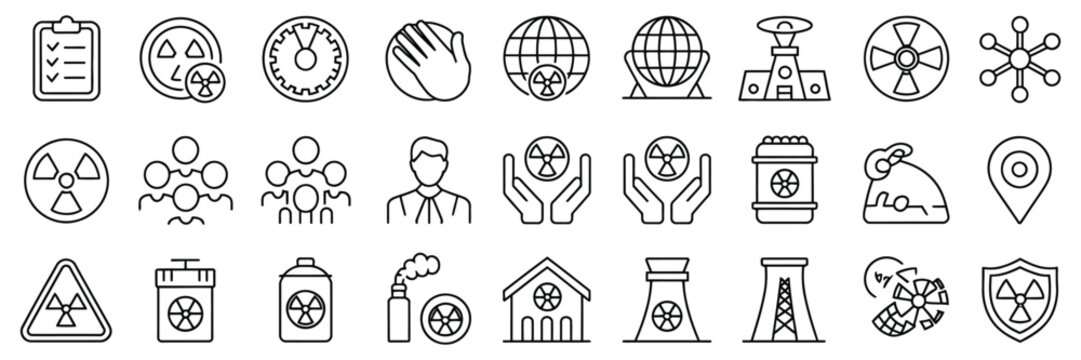 Radiation icon vector, nuclear energy illustration symbols, emitting warning sign concept, nuclear waste logo hazard icons, clean outline style, editable stroke