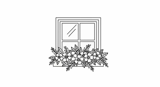 A simple line drawing of a window box overflowing with delicate flowers