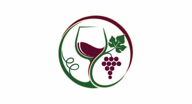 A circular logo featuring a wine glass, grapes, and vine tendrils