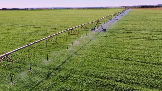 Aerial close view of center pivot irrigation system watering green field in Castilla La Mancha, rotating sprinklers and sustainable agriculture concept