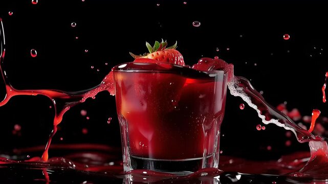 A vibrant red drink garnished with a fresh strawberry on top, served in a clear glass.