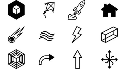 Fototapeta premium Collection of simple line icons including a cube kite rocket house comet waves