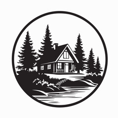 Obraz premium Lakeside Cottage And Forest Trees Landscape Vector Illustration