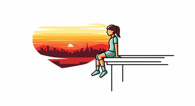 A person sits on a ledge overlooking a city skyline at sunset