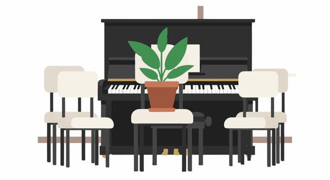 A piano with chairs and a potted plant in front