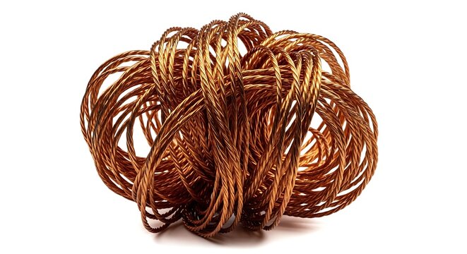 Tangle of coiled copper wire strands isolated on a white background
