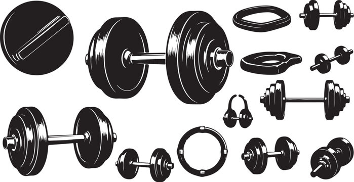 Weightlifting and fitness equipment icons with strength trai