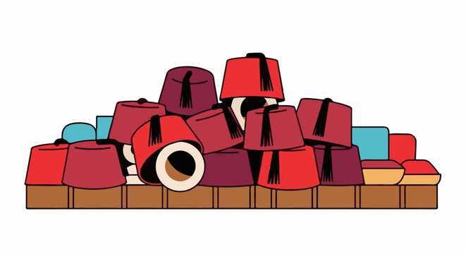 A pile of red and burgundy fez hats with black tassels are stacked on a wooden shelf