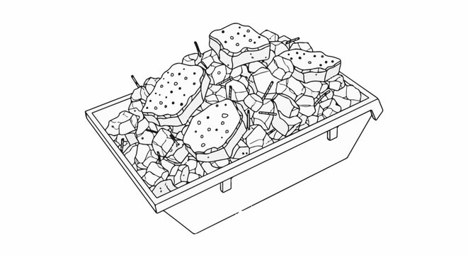 A skip filled with rubble and concrete fragments