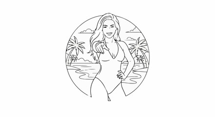Obraz premium A smiling woman in a swimsuit points towards the viewer on a tropical beach