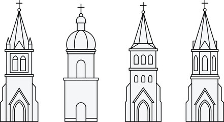 Minimalist Church Tower Line Art Icon Set with Christian Spires Domes and Crosses for Architecture Religion History and Logo Branding Designs © Lipi