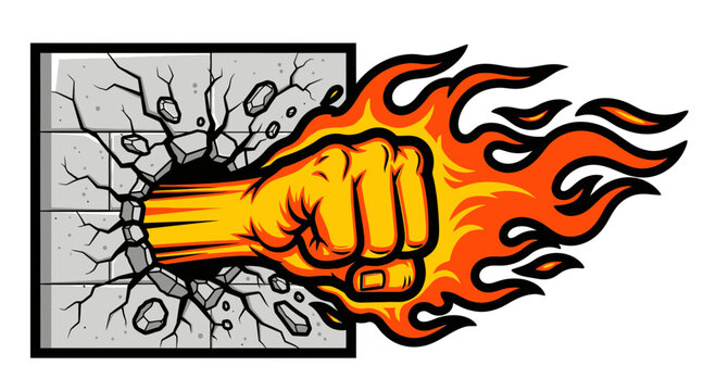 Fist Breaking Through Wall with Flames.