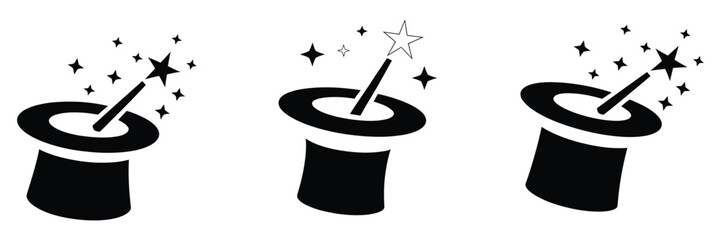 Magician hat and stars icon collection, magic trick and circus symbols in flat and outline vector set for fantasy and entertainment design. © vector jone by luthe