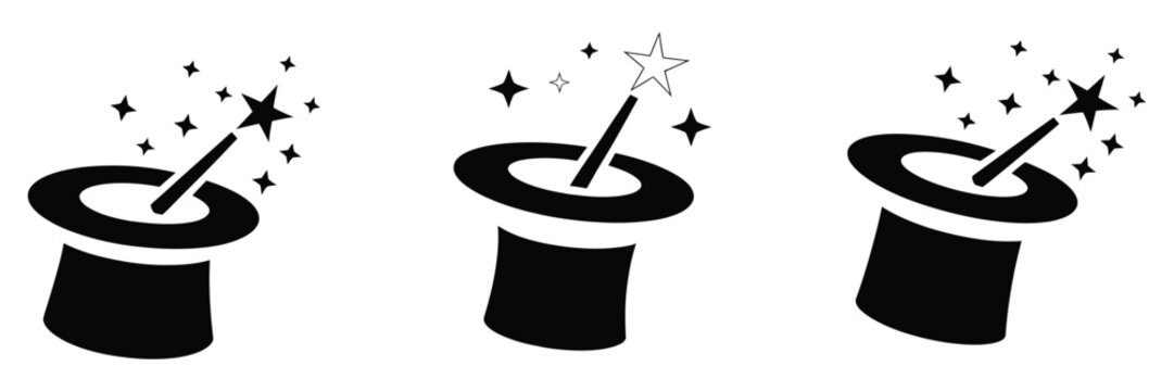 Magician hat and stars icon collection, magic trick and circus symbols in flat and outline vector set for fantasy and entertainment design.