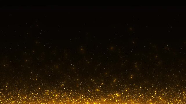 Golden dust floor background with glowing particles rising from dark space and soft empty upper area. Perfect for luxury videos, award intros, wedding titles, event screens, and overlays.