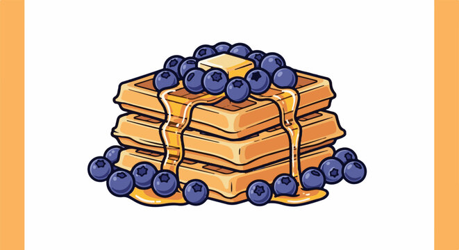 A stack of golden waffles generously topped with butter and blueberries