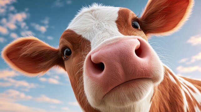 Friendly-looking cow with brown patches and a white face looks toward the viewer