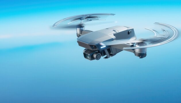 Modern gray quadcopter drone with integrated camera gimbal system hovering in a clear bright blue sky, featuring spinning propellers with motion blur and a matte plastic airframe.
