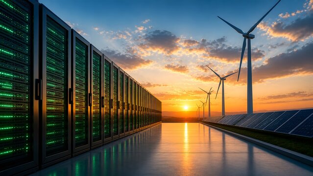 Green data center integrated with wind turbines and solar panels at sunset, sustainable energy powered cloud computing infrastructure