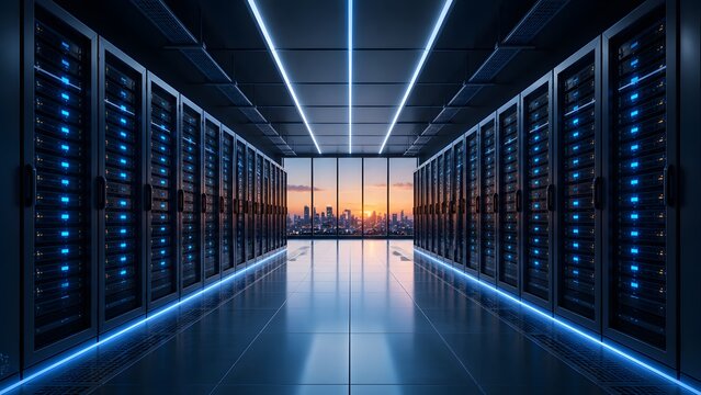 Futuristic data center server room with panoramic city skyline at sunset, high performance computing and cloud infrastructure concept