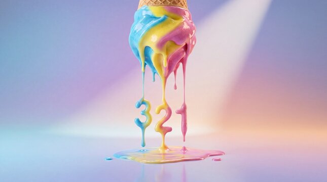 Vibrant abstract melting ice cream cone forms a playful 321 countdown, pastel colors dripping, a sweet visual for delightful starts or finishes
