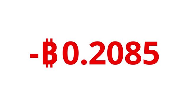 Count-down Bitcoin animation from 0.000 to -0.5 BTC. White, black, Green Screen background. Crypto -Bitcoin numeric display. Animation starts and end gently with ease-in and ease-out transition.