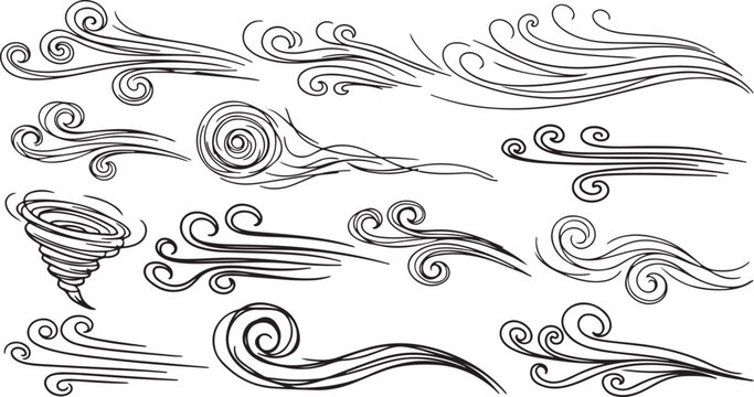 Wind weather and environment, nature icon set. Natural movement of the air symbols. Vector line art illustration isolated on white background.