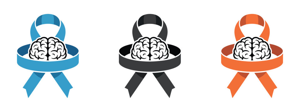 Brain awareness ribbon icons featuring epilepsy awareness symbols with creative medical illustration designs.