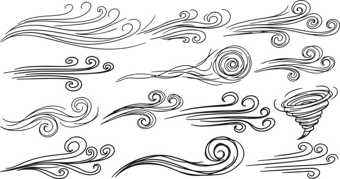 Wind weather and environment, nature icon set. Natural movement of the air symbols. Vector line art illustration isolated on white background.