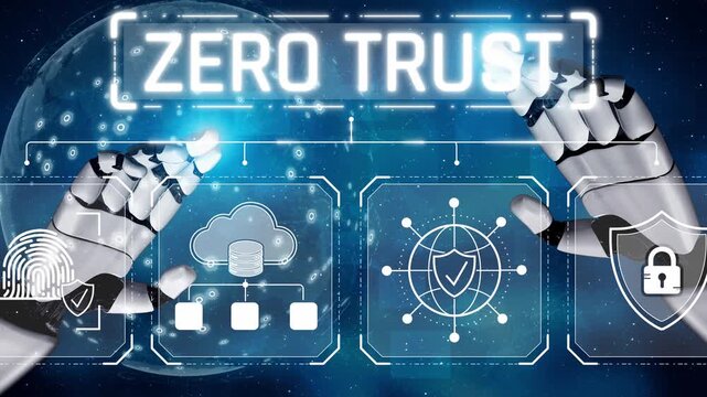 Futuristic Concept of Zero Trust Security Model with Robotic Hands, Digital Network, Cloud Computing, and Data Protection Elements Sigmoid