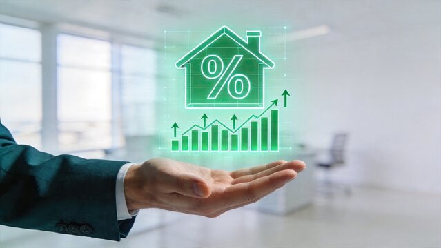Businessman holding holographic green house with percentage sign rising growth chart mortgage rates real estate investment property market trends housing prices index economy