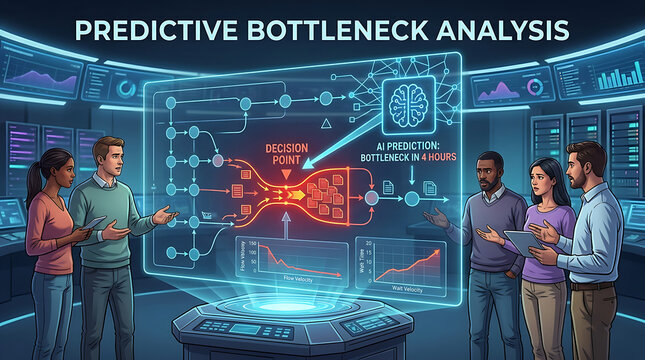 People analyzing predictive bottleneck with AI reducing complexity in a futuristic control room environment.