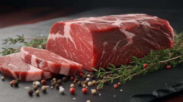 Ultra-realistic 3D food ad of marbled beef flank piece for grinding, displayed on a dark st