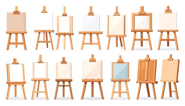 Multiple wooden easels with blank canvases.