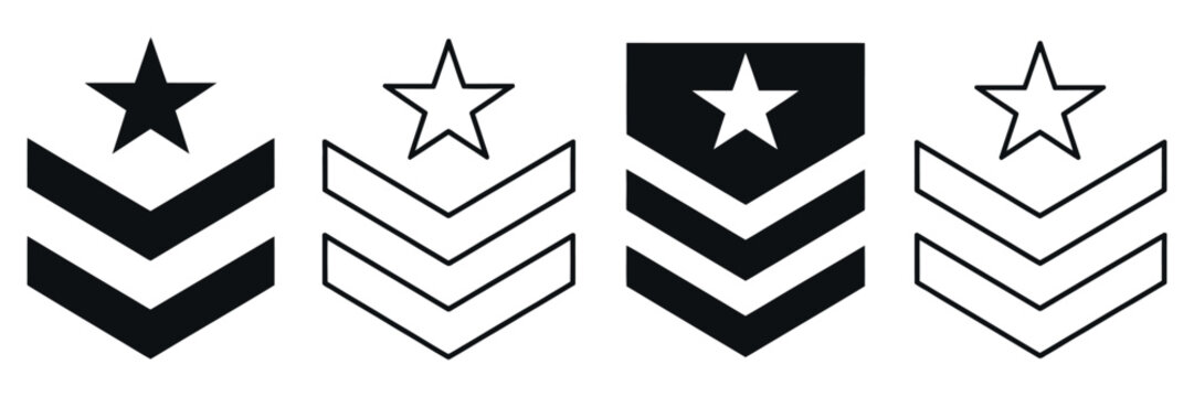 Military rank badge icon set, editable stroke chevron emblems in simple flat line vector style for army rank and insignia design.