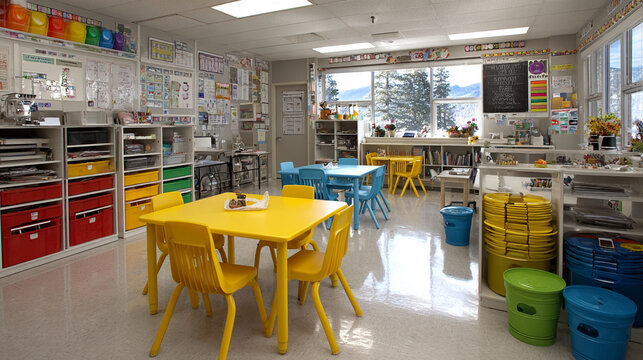 Colorful classroom objects desks chairs chalkboards whiteboards storage cabinets stationery supplies educational tools organized learning environment