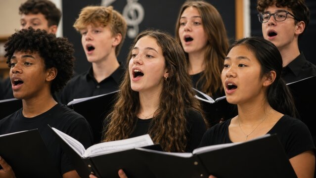 Diverse group of high school students singing loud from musical scores.