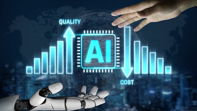 Futuristic Concept of Artificial Intelligence Integration with Cost and Quality Metrics Represented by Robotic Hand and Human Hand Gesture Sigmoid