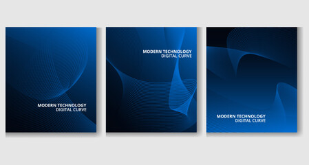 Fototapeta premium Three Blue Modern Technology Poster Mockup Templates with Abstract Digital Curve Backgrounds, Square Layout Preview, Dark Futuristic Gradient Style, Clean White Typography, and Corporate Branding Desi