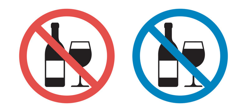 No alcohol icon set, restricted drinking symbols, prohibition sign over bottle and glass