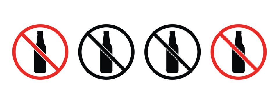 No alcohol vector icons set, prohibition circle symbol with crossed drink glass for no drinking warning and restriction design.